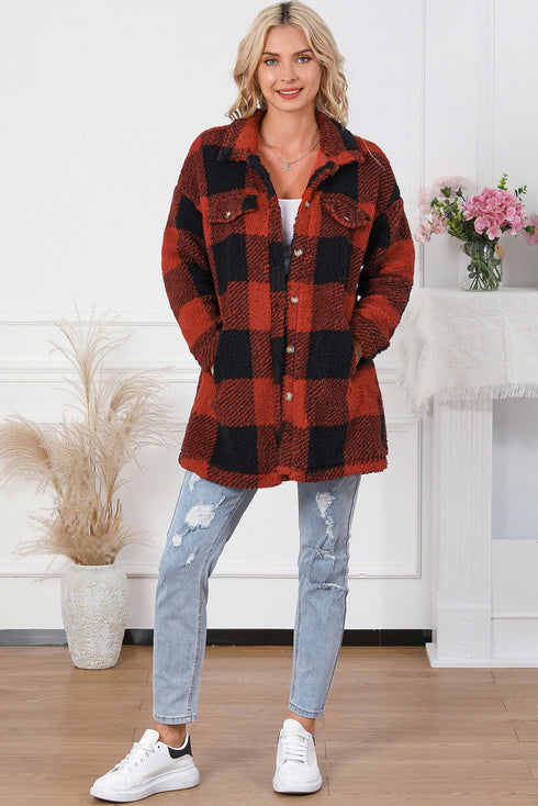 Fuzzy Plaid Flap Button Up Midi Coat